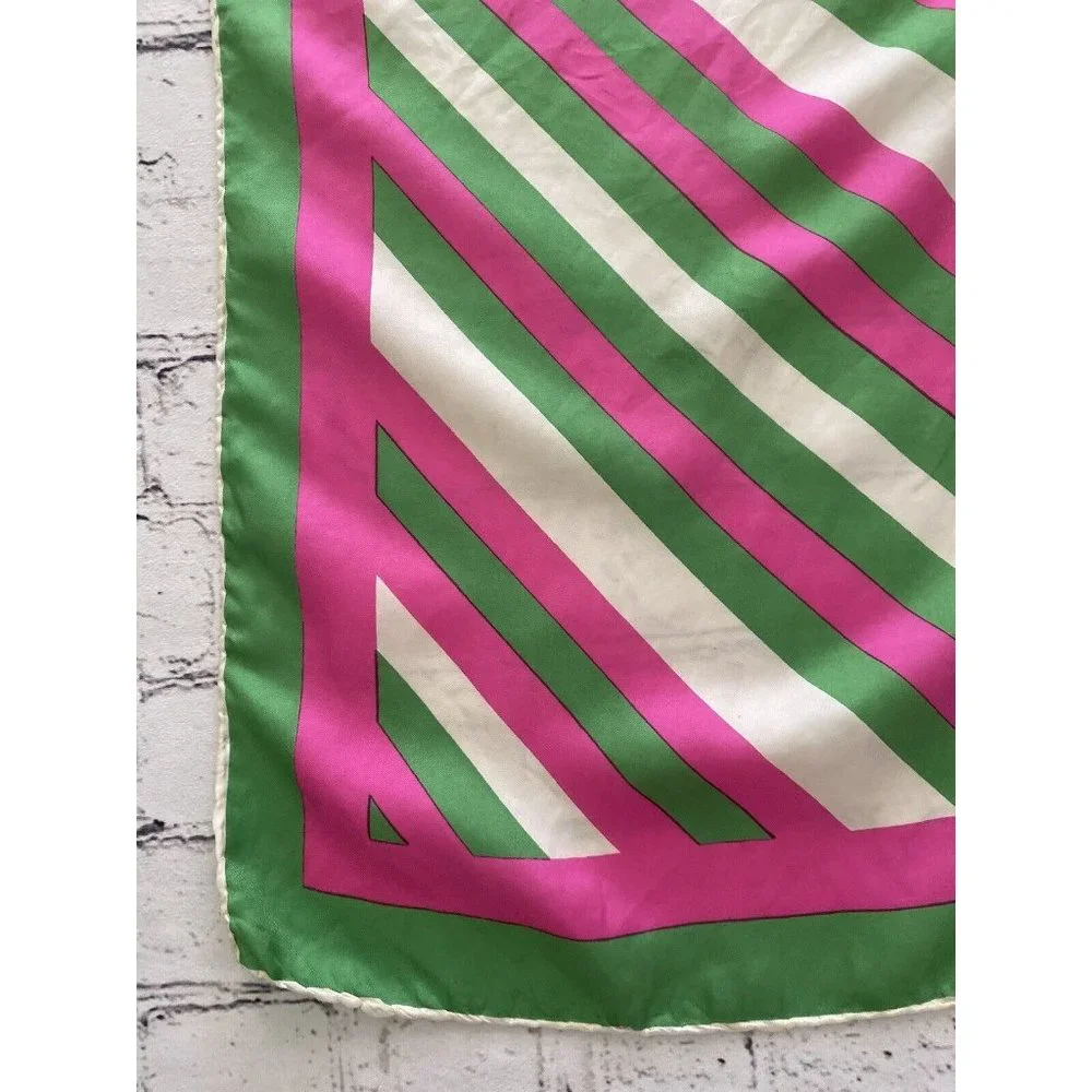 Burmel Vintage 1960's Pink Green Stripe Hand Rolled All Silk Scarf 13x68 Italy - Picture 12 of 16